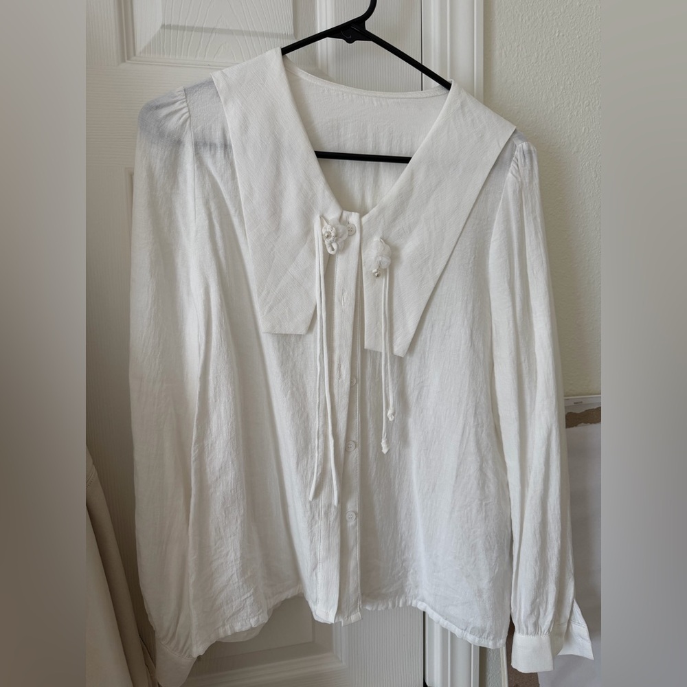 Coquette Sailor Collar White Blouse | Tie Front | Floral Appliqué